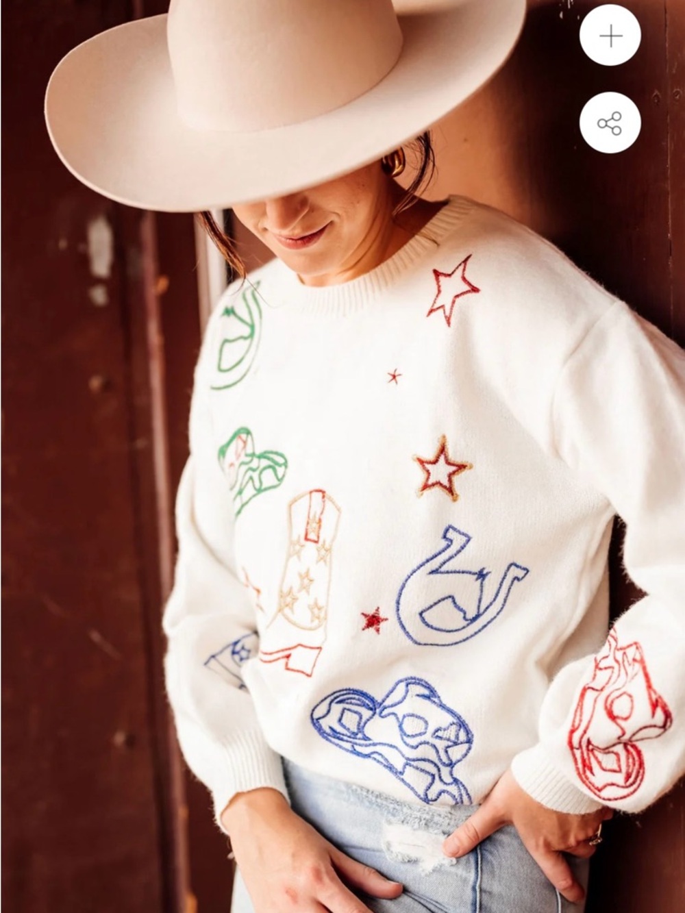 Blue B Cream Western Howdy  Embroidered Crewneck Sweater Medium